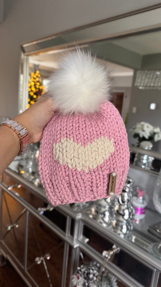 Sweetheart Baby Knit Beanie with White Pom