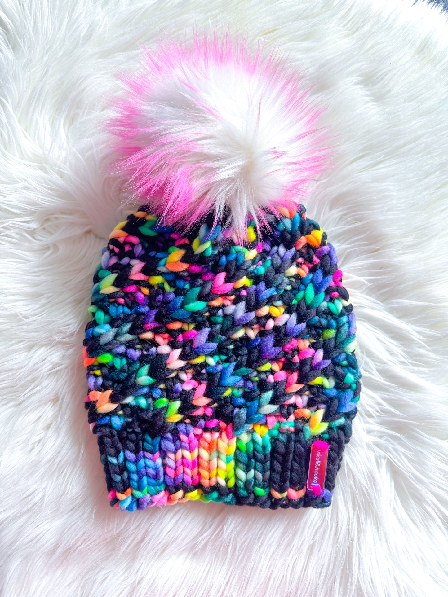Neon Noir Beanie – Merino Wool Beanie with Faux Fur Pom
