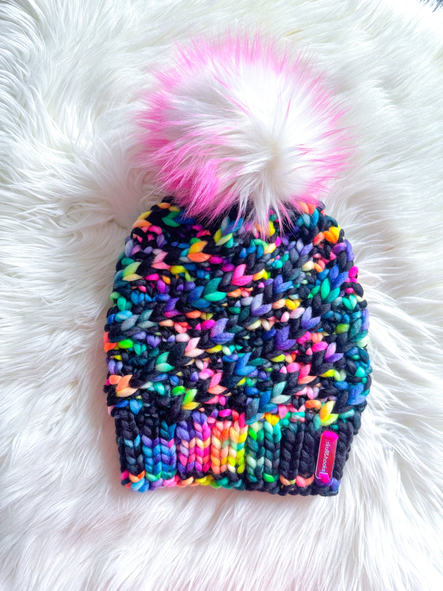 Neon Noir Beanie – Merino Wool Beanie with Faux Fur Pom
