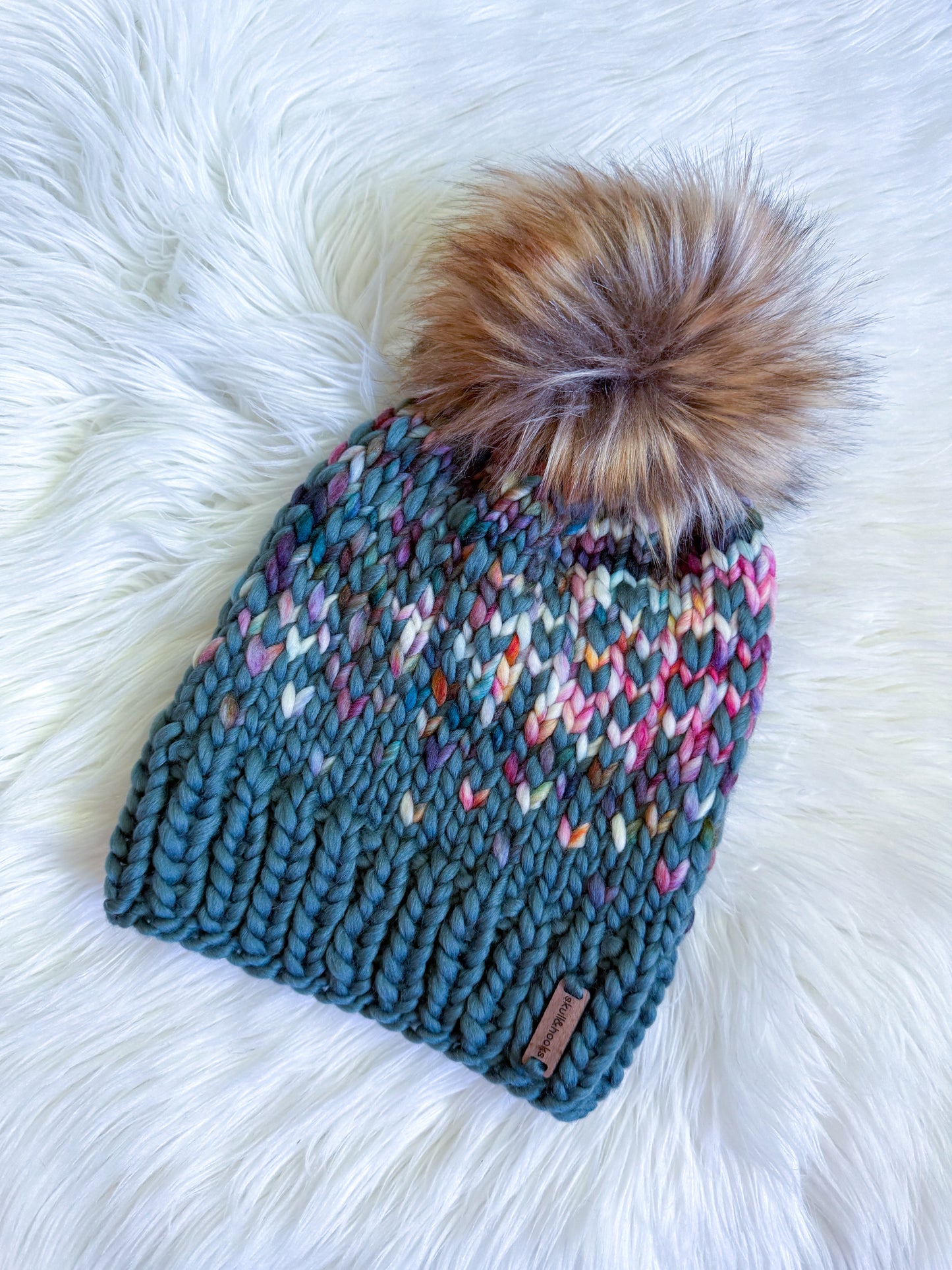 Green Confetti Merino Wool Beanie with Faux Fur Pom