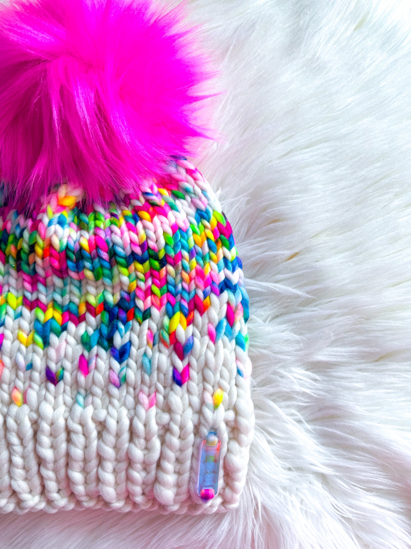 Rainbow Sprinkle Beanie – Merino Wool with Hot Pink Pom