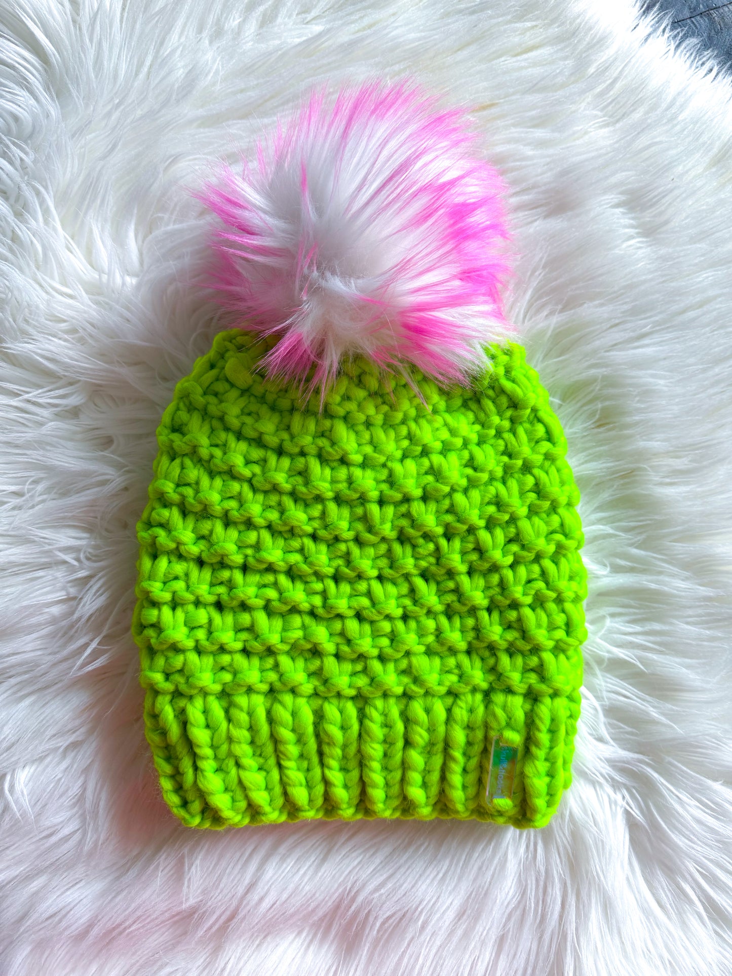 Lime Riot Beanie – Merino Wool with Faux Fur Pom