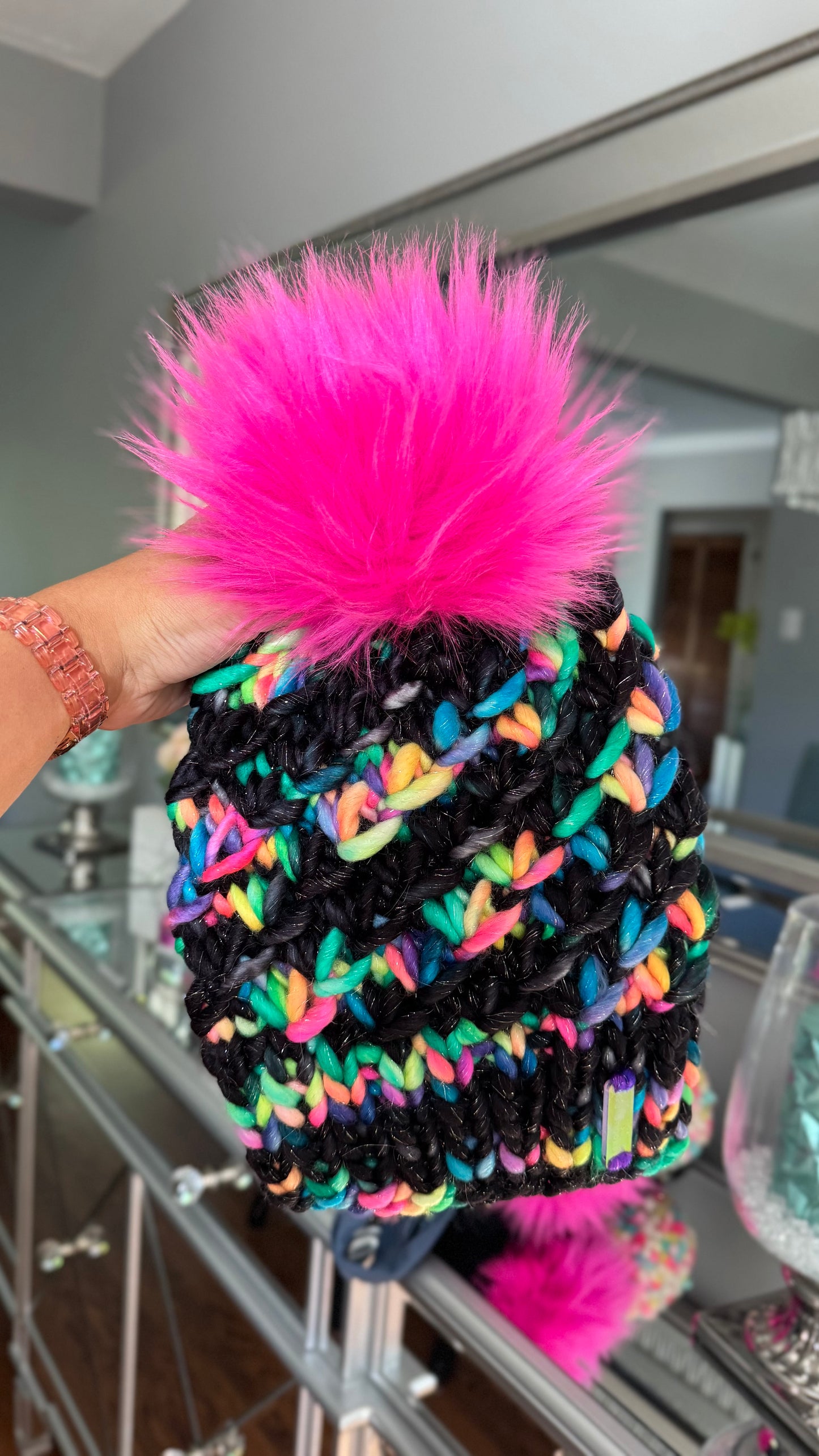 Midnight Confetti Beanie – Merino Wool with Faux Fur Pom
