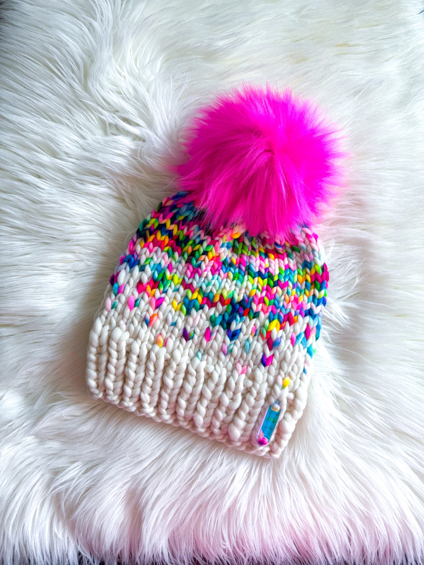 Rainbow Sprinkle Beanie – Merino Wool with Hot Pink Pom