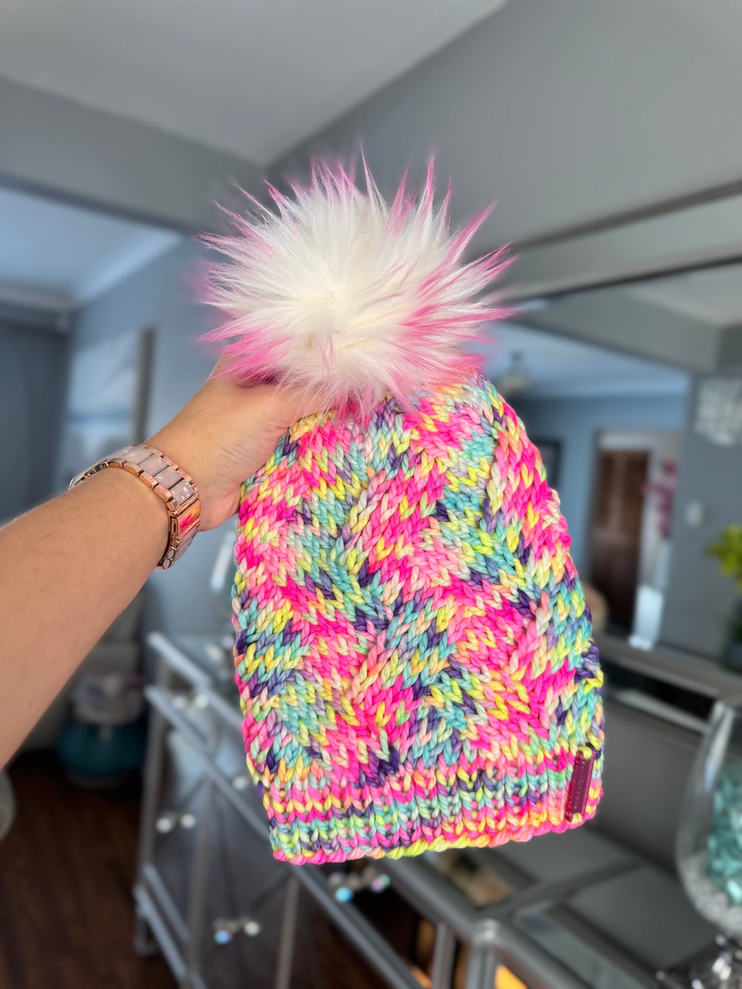 Neon Daydream Merino Wool Knit Beanie with Faux Fur Pom