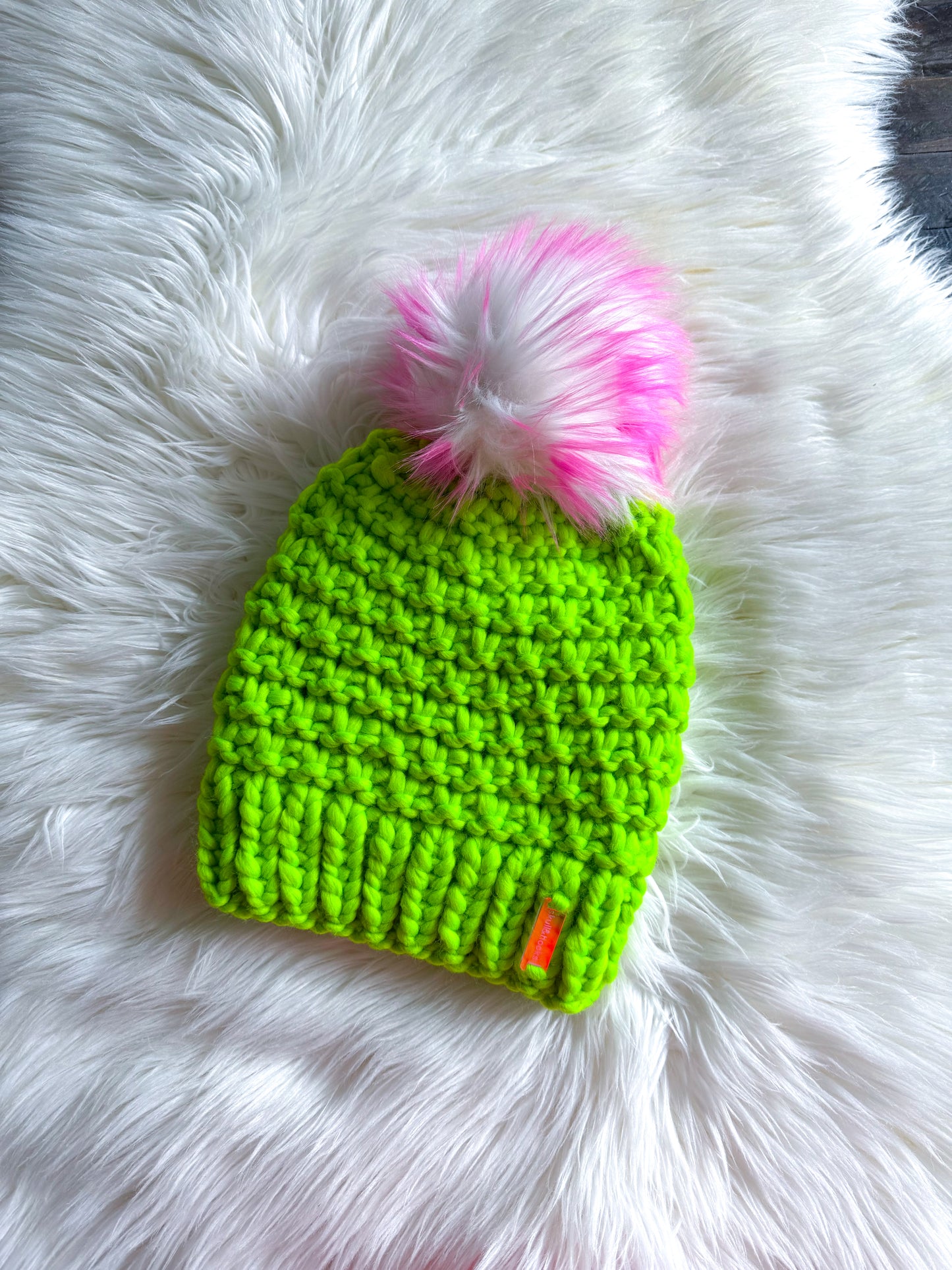 Lime Riot Beanie – Merino Wool with Faux Fur Pom