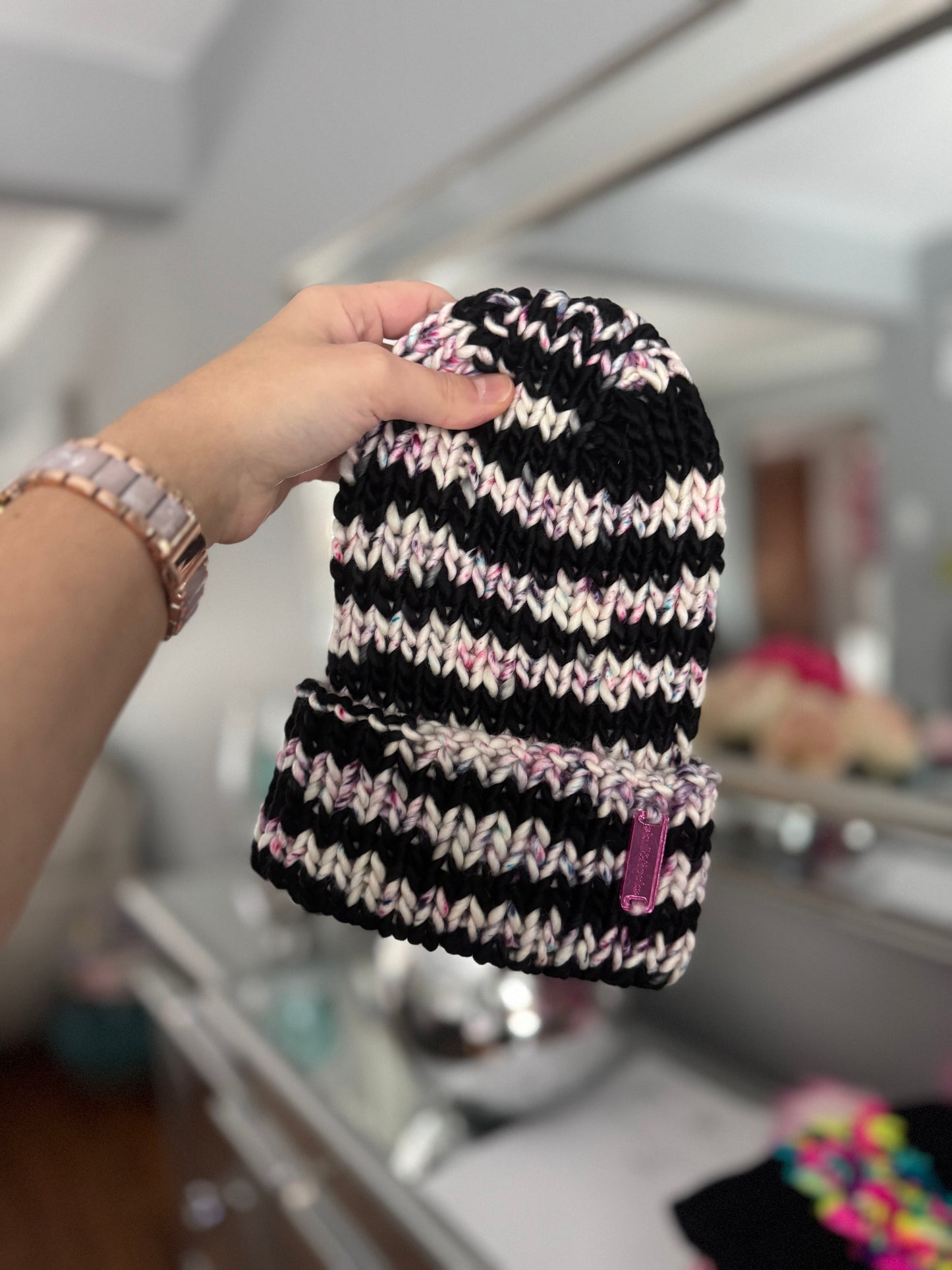 Static Stripe Merino Wool Knit Beanie with Optional Faux Fur Pom