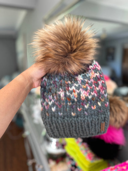 Green Confetti Merino Wool Beanie with Faux Fur Pom