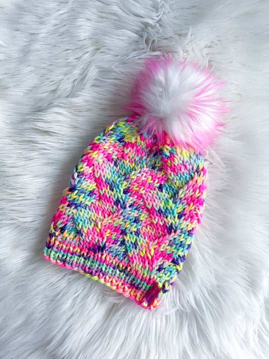 Neon Daydream Merino Wool Knit Beanie with Faux Fur Pom