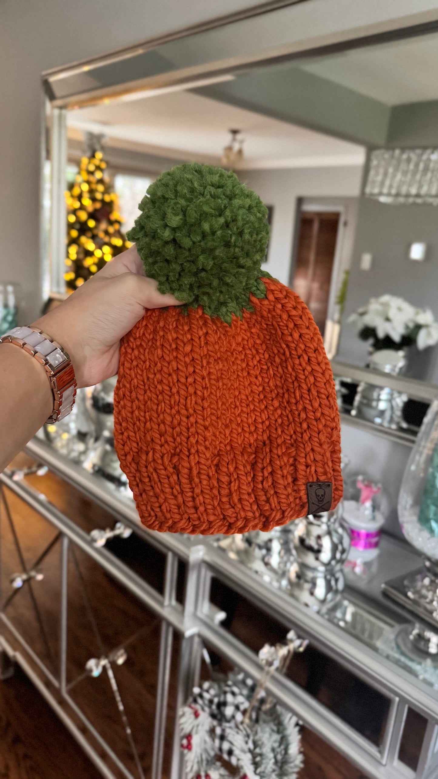 Pumpkin Patch Toddler Knit Beanie with Green Pom
