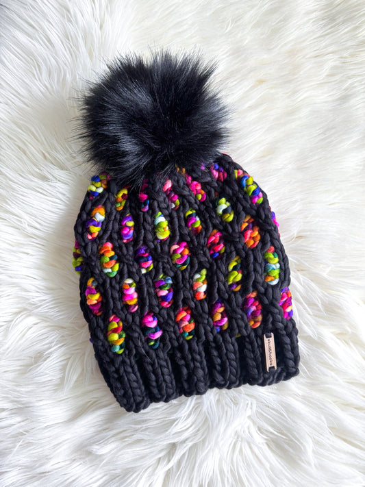 Dot Matrix Beanie – Merino Wool with Black Faux Fur Pom