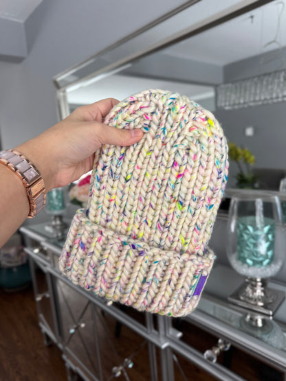 Birthday Cake Riot Merino Wool Knit Beanie with Optional Faux Fur Pom