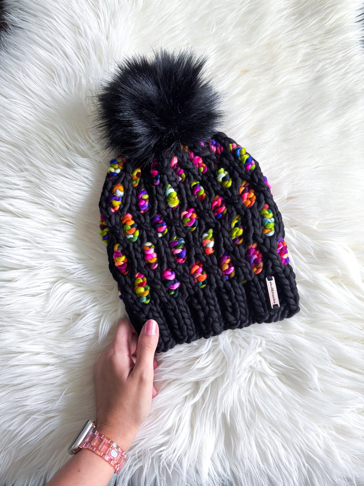 Dot Matrix Beanie – Merino Wool with Black Faux Fur Pom