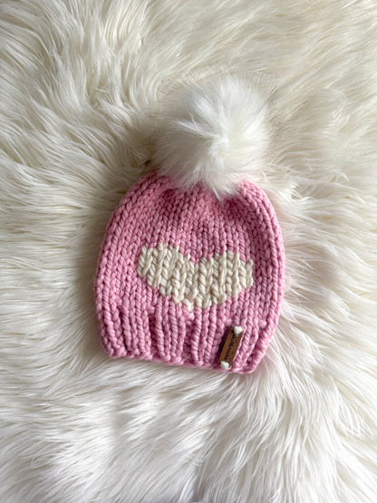 Sweetheart Baby Knit Beanie with White Pom