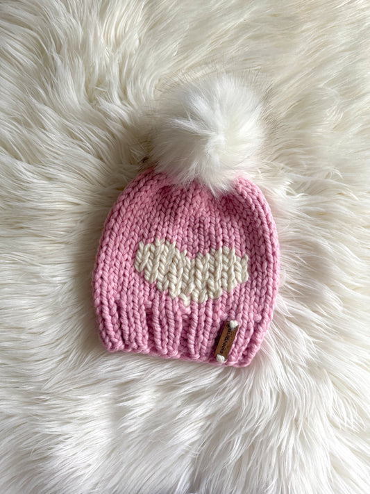 Sweetheart Baby Knit Beanie with White Pom