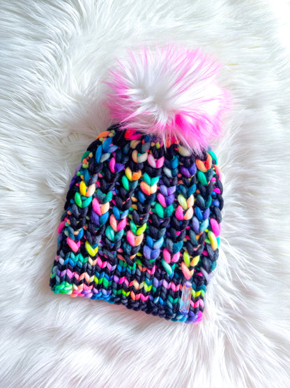 Electric Heart Beanie – Merino Wool with Faux Fur Pom