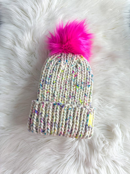 Birthday Cake Riot Merino Wool Knit Beanie with Optional Faux Fur Pom