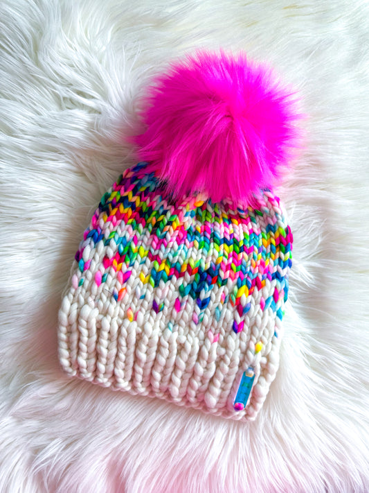 Rainbow Sprinkle Beanie – Merino Wool with Hot Pink Pom