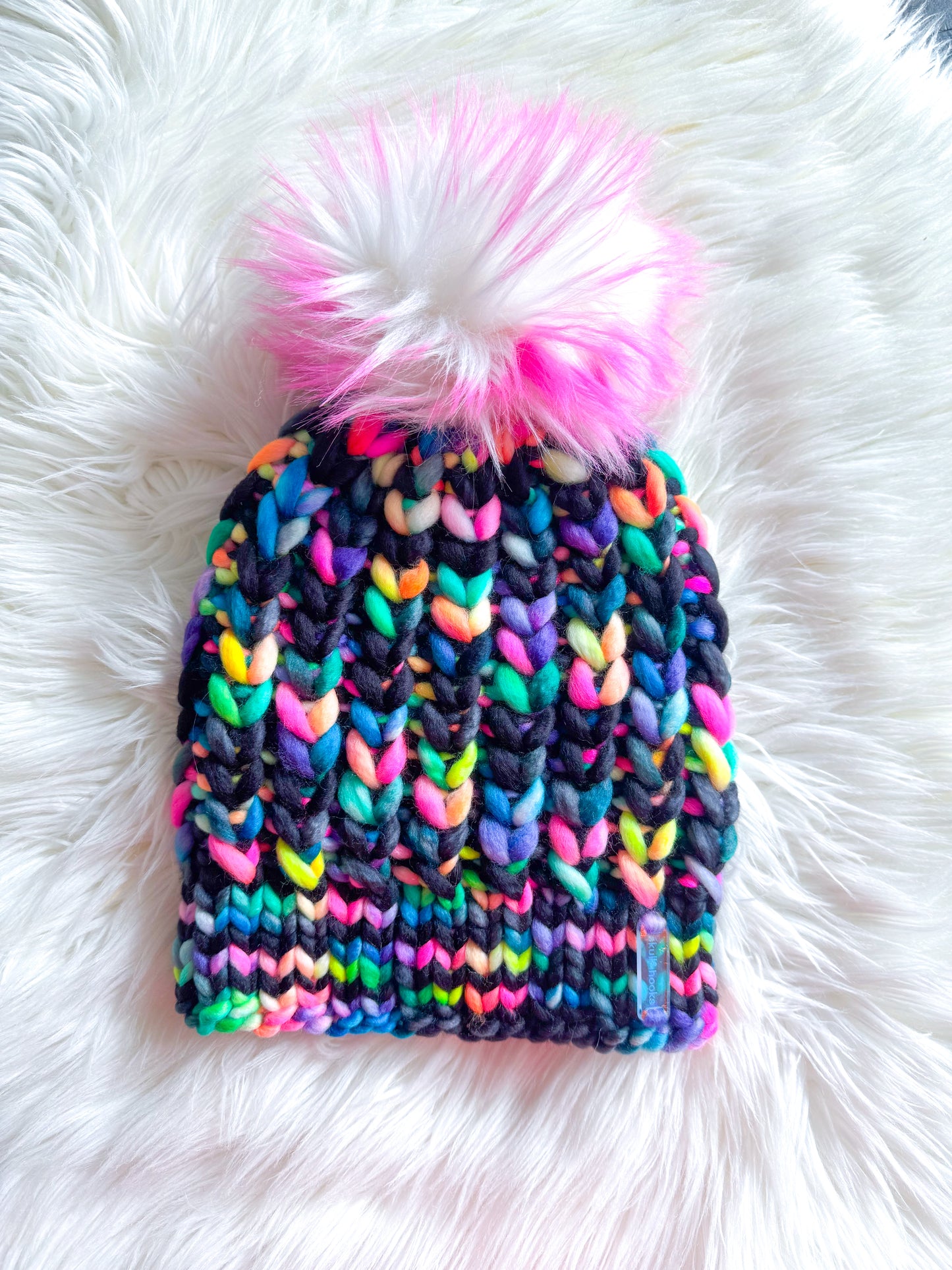 Electric Heart Beanie – Merino Wool with Faux Fur Pom