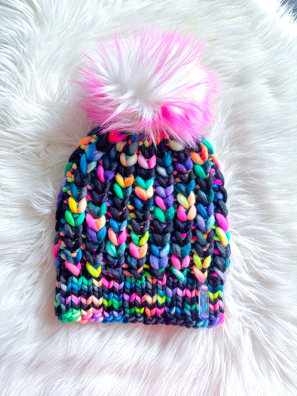 Electric Heart Beanie – Merino Wool with Faux Fur Pom