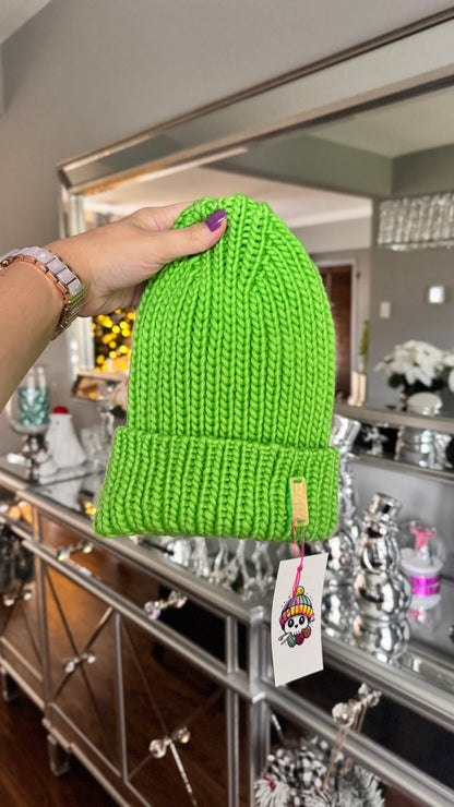Electric Lime Merino Wool Folded Brim Beanie