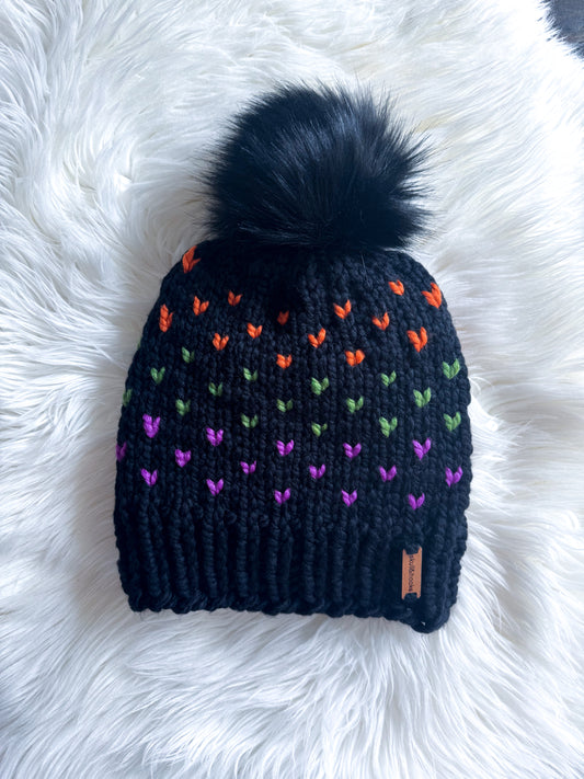 Spooky Stitches Beanie - Adult Knit Acrylic/Wool with Faux Fur Black Pom