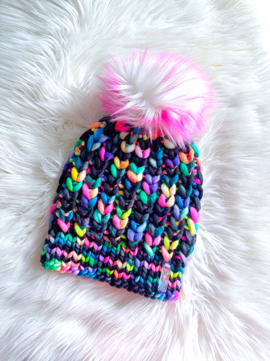 Electric Heart Beanie – Merino Wool with Faux Fur Pom
