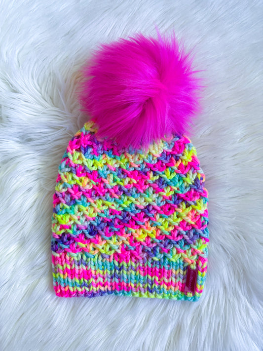 Neon Confetti Swirl Beanie – Hand-Knit Merino Wool Hat with Hot Pink Pom