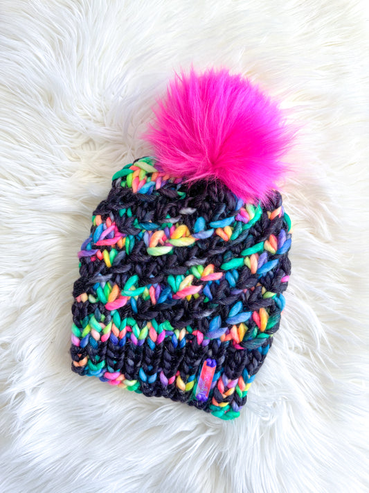 Midnight Confetti Beanie – Merino Wool with Faux Fur Pom