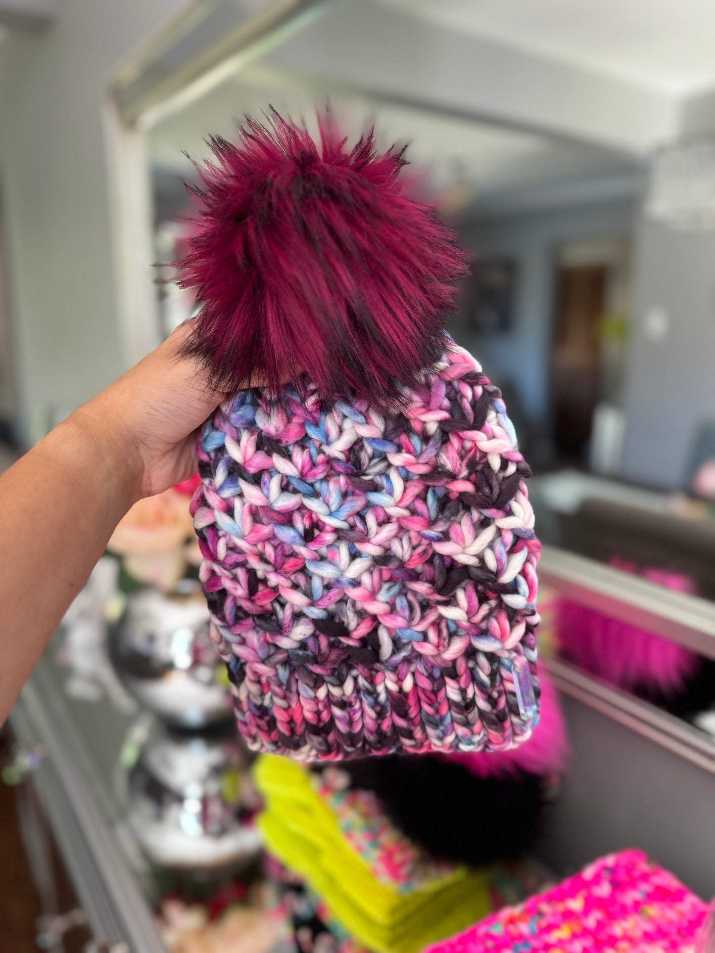 Berry Blast Beanie – Hand-Knit Merino Wool Hat with Faux Fur Pom