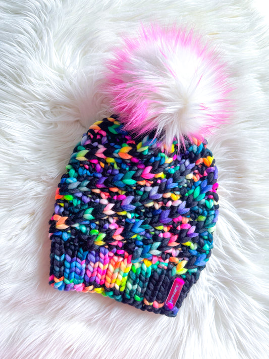 Neon Noir Beanie – Merino Wool Beanie with Faux Fur Pom