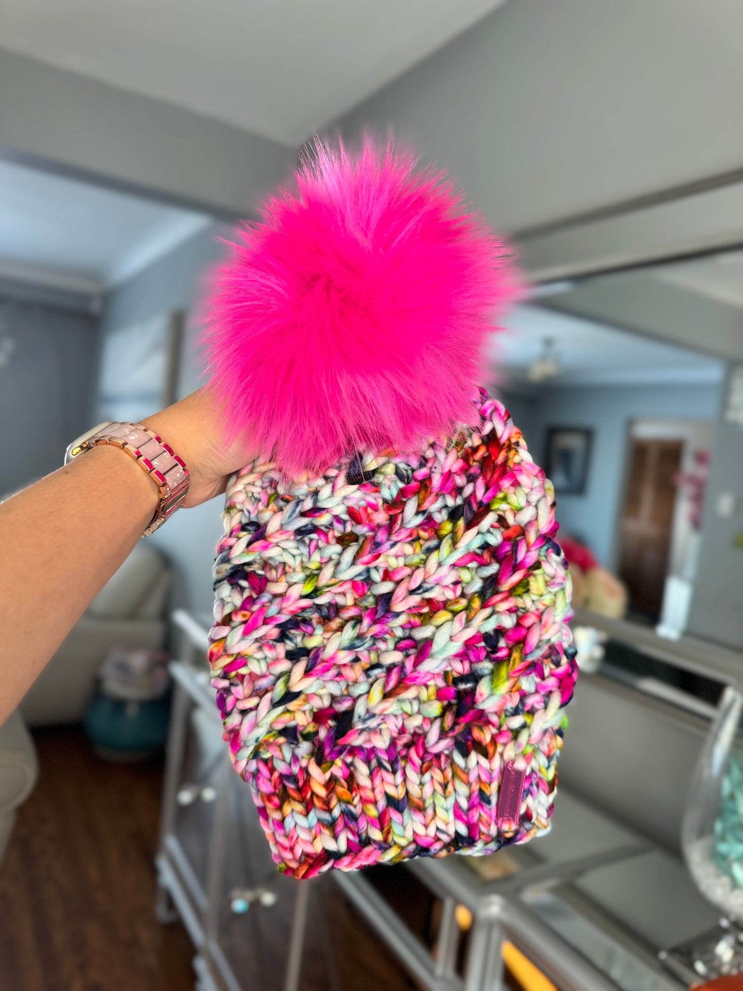 Rainbow Static Merino Wool Knit Beanie with Faux Fur Pom