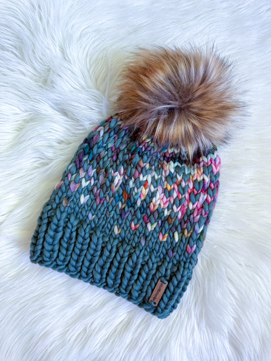 Green Confetti Merino Wool Beanie with Faux Fur Pom