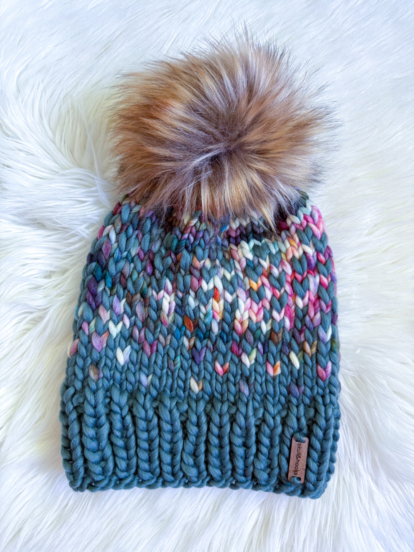 Green Confetti Merino Wool Beanie with Faux Fur Pom