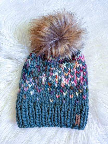 Green Confetti Merino Wool Beanie with Faux Fur Pom