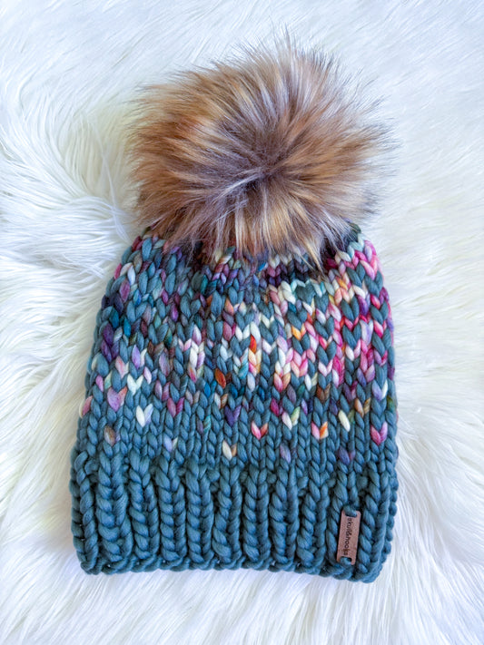 Green Confetti Merino Wool Beanie with Faux Fur Pom