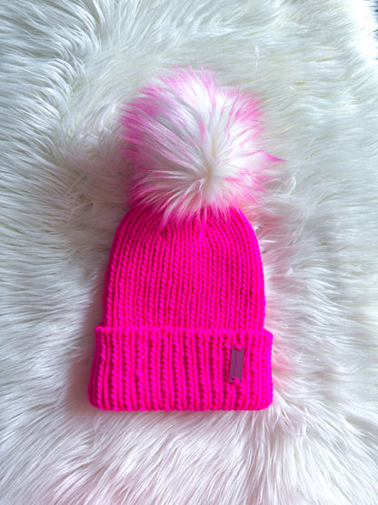 Electric Pink Beanie – Merino Wool with Optional Pom