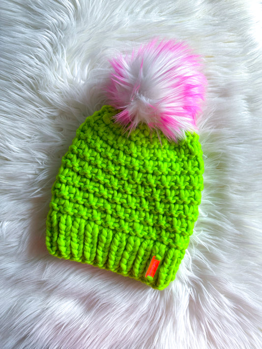 Lime Riot Beanie – Merino Wool with Faux Fur Pom