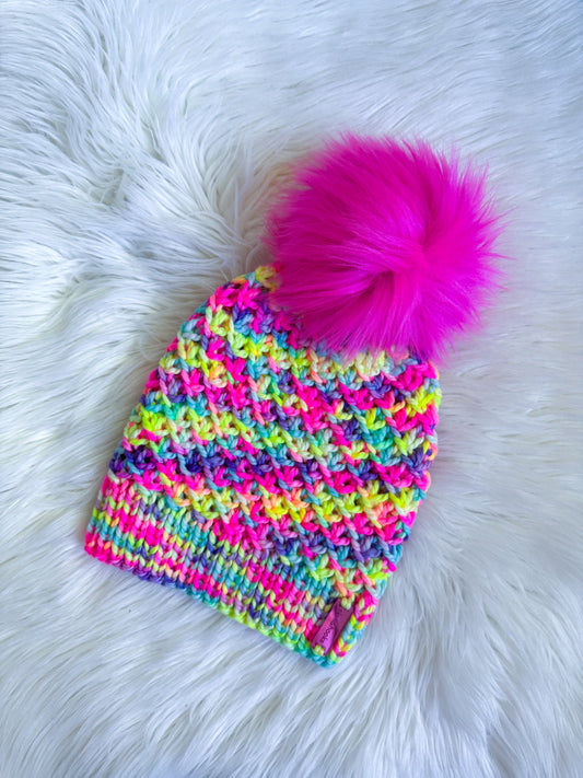 Neon Confetti Swirl Beanie – Hand-Knit Merino Wool Hat with Hot Pink Pom