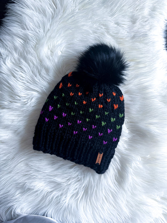 Spooky Stitches Beanie - Adult Knit Acrylic/Wool with Faux Fur Black Pom