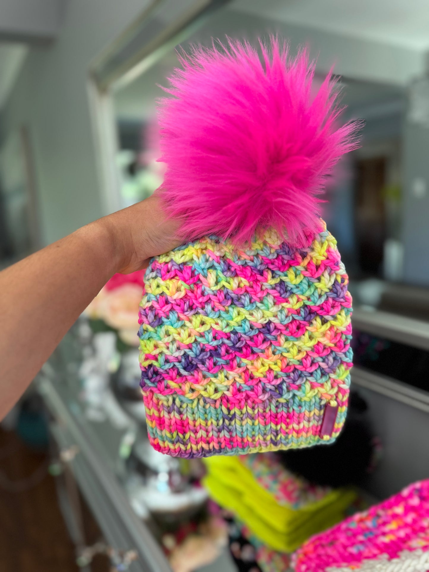 Neon Confetti Swirl Beanie – Hand-Knit Merino Wool Hat with Hot Pink Pom