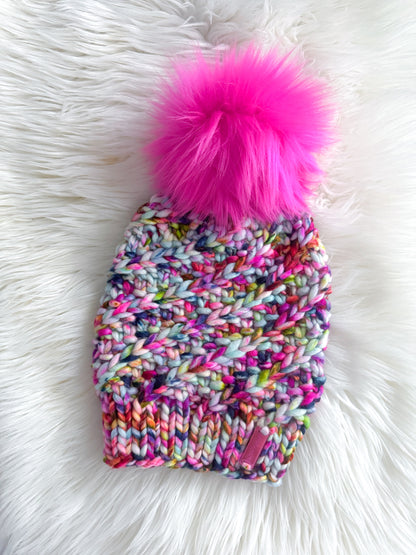 Rainbow Static Merino Wool Knit Beanie with Faux Fur Pom