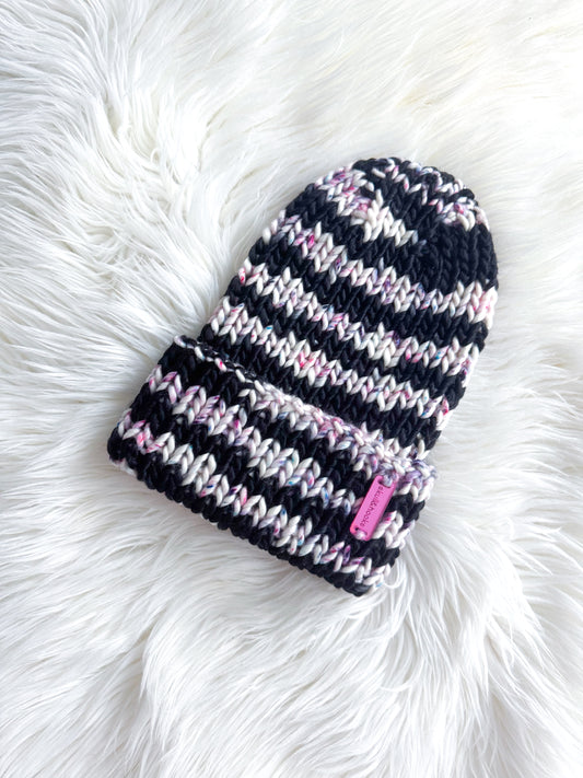 Static Stripe Merino Wool Knit Beanie with Optional Faux Fur Pom