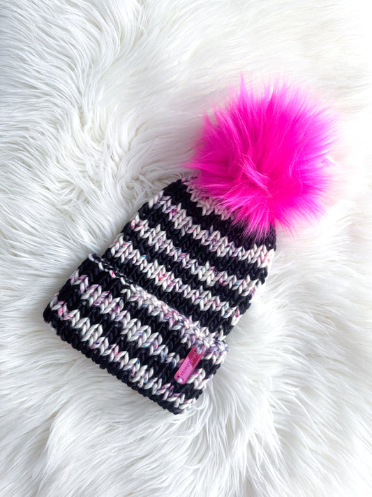 Static Stripe Merino Wool Knit Beanie with Optional Faux Fur Pom